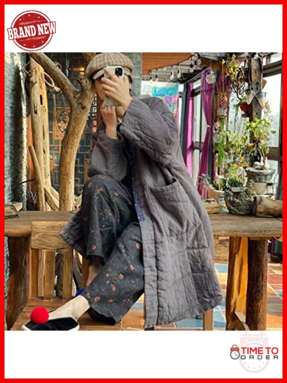 Quilted Open Front Kimono Jacket Long Coat Oversized Winter Linen - Picture 3 of 6